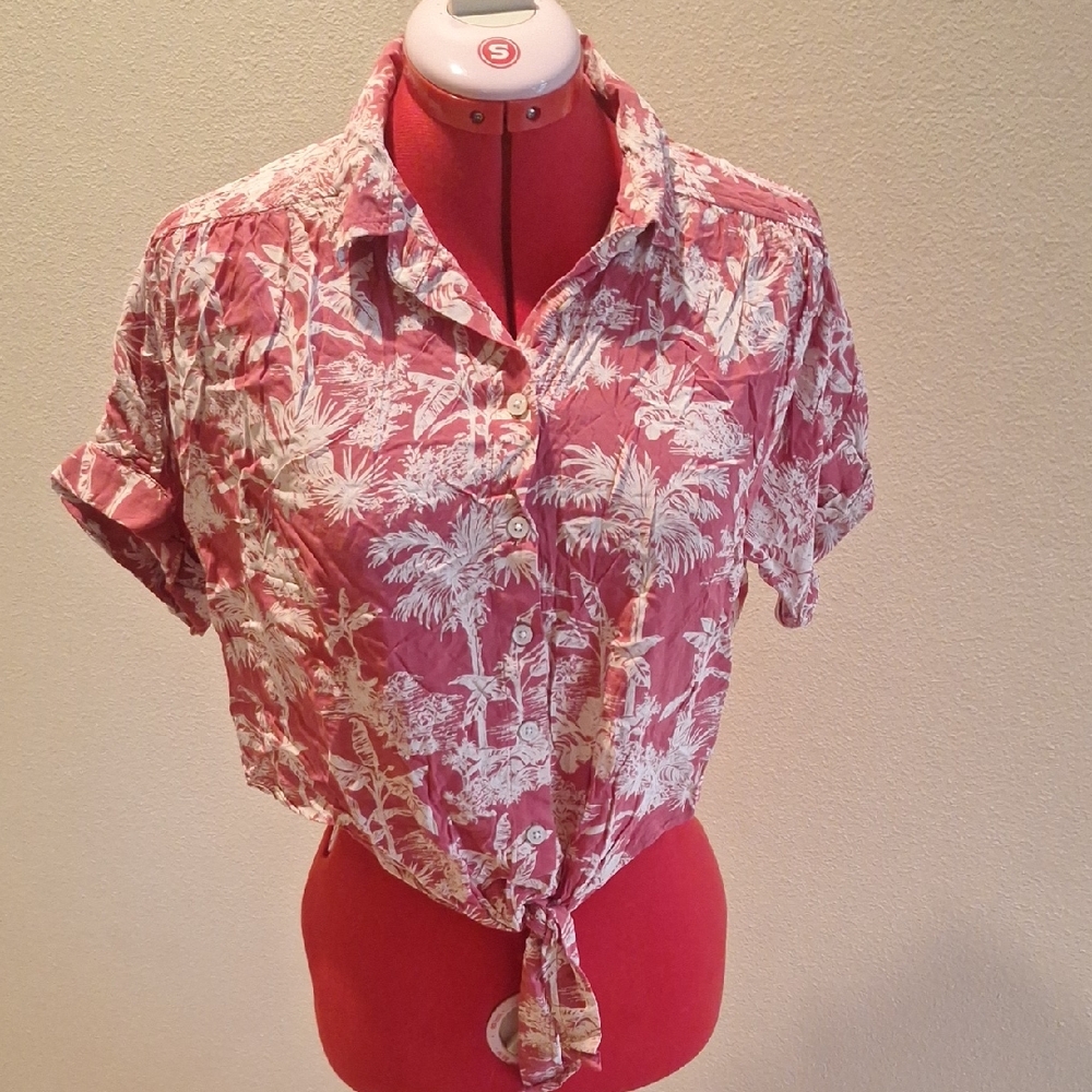 American EO Pink and White Tropical Tie-Front Button Shirt Size S/P/CH